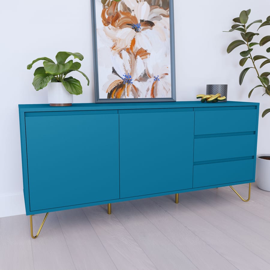 Buffet enfilade bleu canard &eacute;quip&eacute; de 3 tiroirs et 2 portes