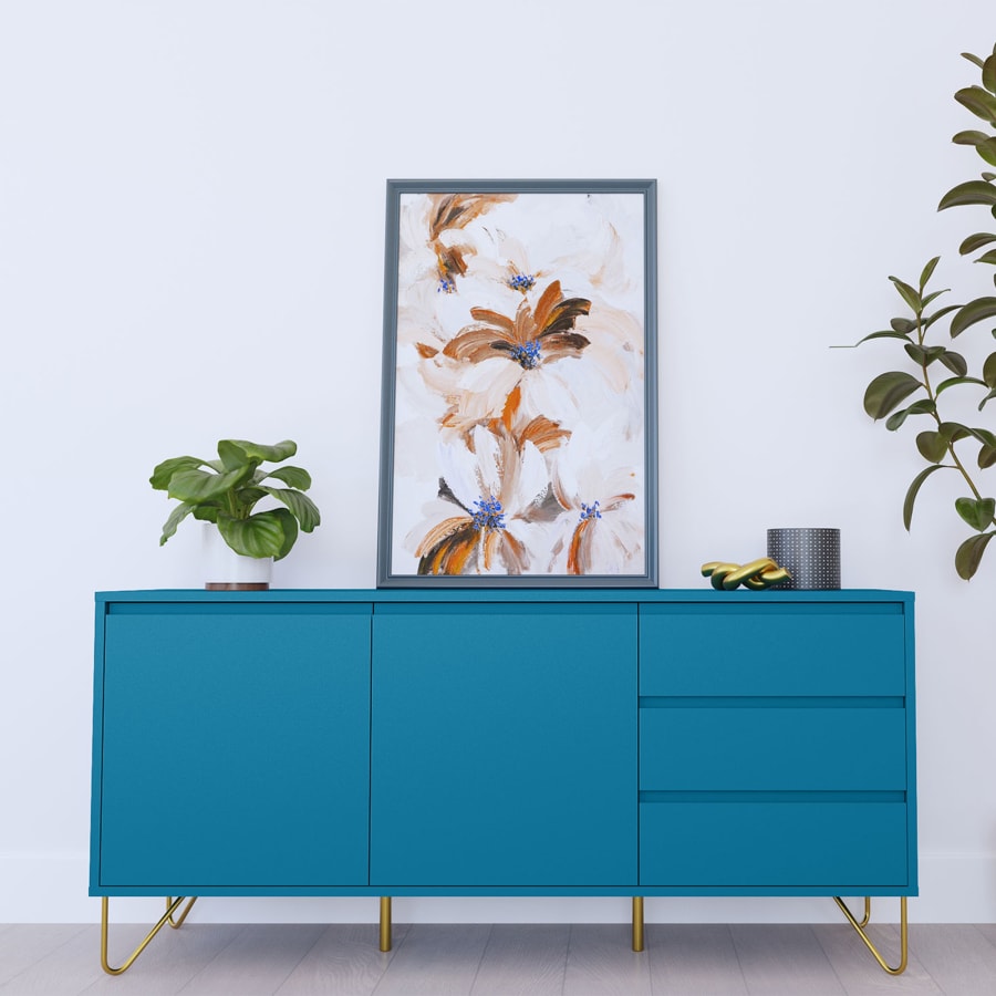 Buffet enfilade bleu canard &eacute;quip&eacute; de 3 tiroirs et 2 portes