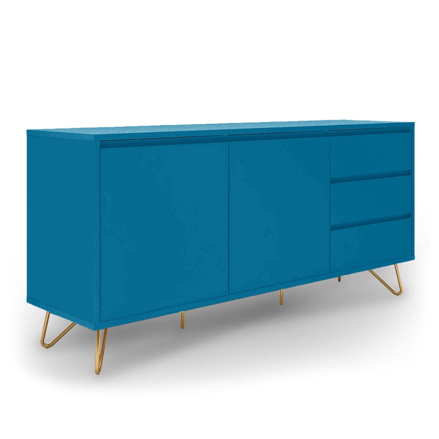 Buffet enfilade bleu canard &eacute;quip&eacute; de 3 tiroirs et 2 portes