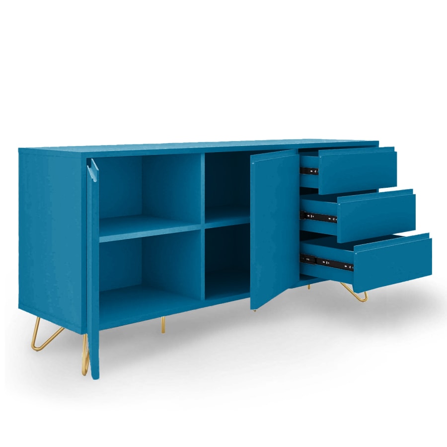 Buffet enfilade bleu canard &eacute;quip&eacute; de 3 tiroirs et 2 portes