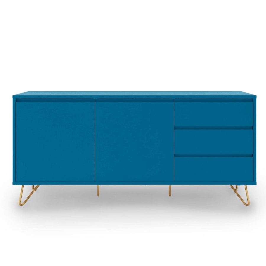 Buffet enfilade bleu canard &eacute;quip&eacute; de 3 tiroirs et 2 portes