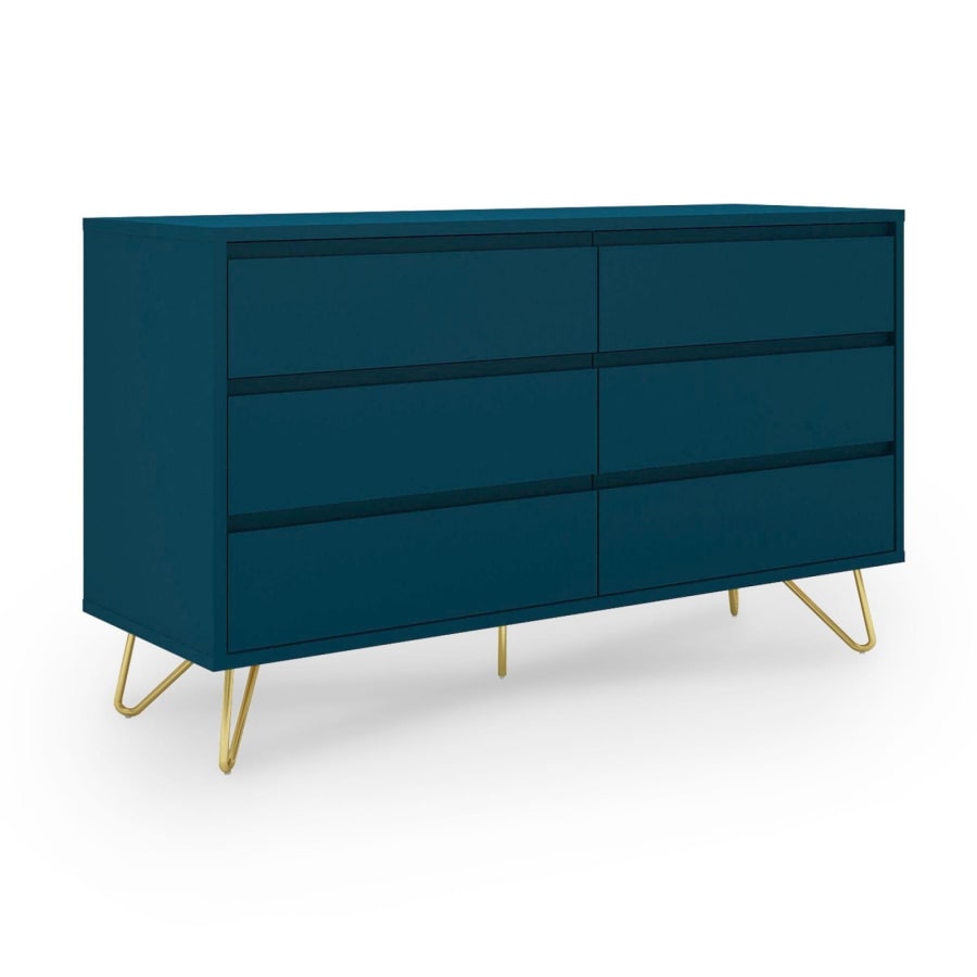 Commode &eacute;quip&eacute;e de 6 tiroirs bleu canard moderne