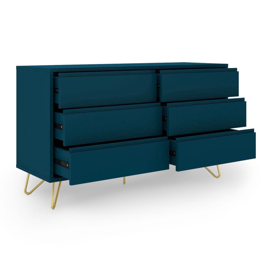 Commode &eacute;quip&eacute;e de 6 tiroirs bleu canard moderne