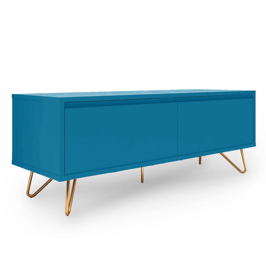 Meuble TV bleu canard compos&eacute; de 1 tiroir et 1 porte design