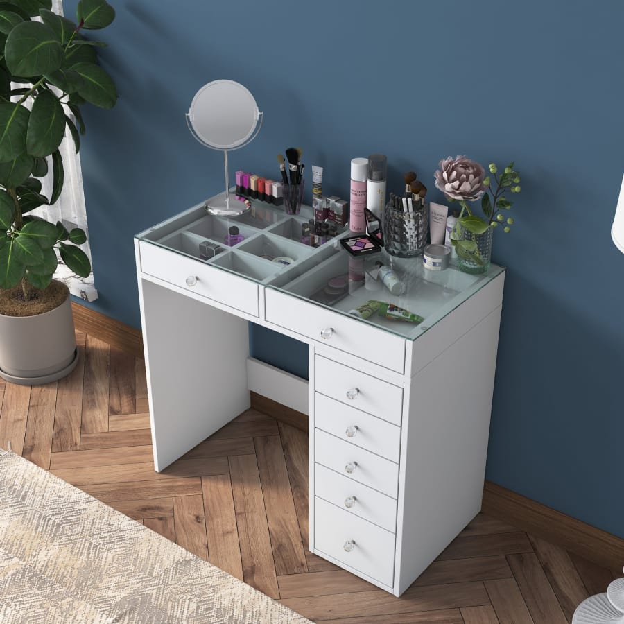 Coiffeuse 7 tiroirs blanc avec plateau en verre