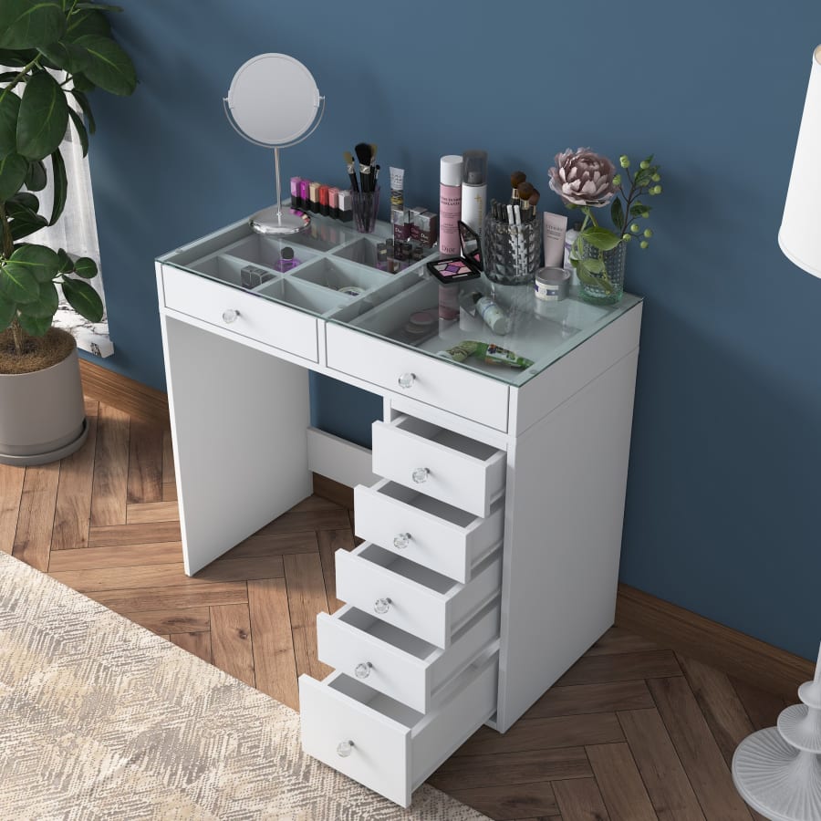 Coiffeuse 7 tiroirs blanc avec plateau en verre