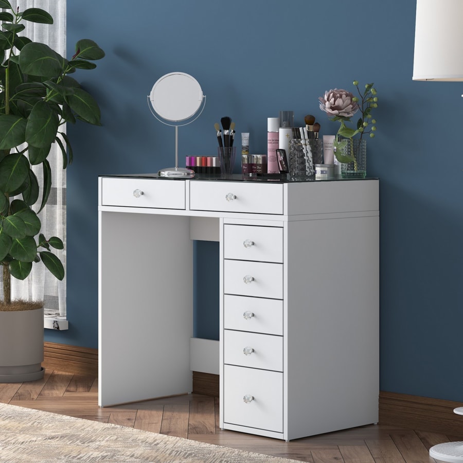 Coiffeuse 7 tiroirs blanc avec plateau en verre