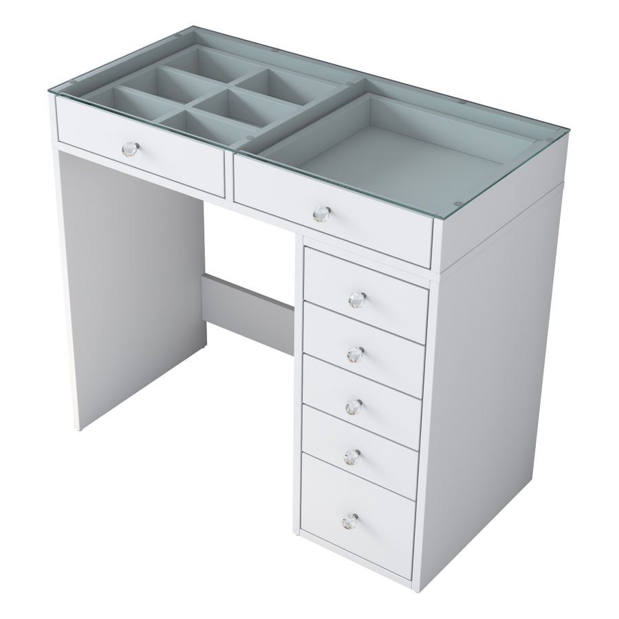 Coiffeuse 7 tiroirs blanc avec plateau en verre