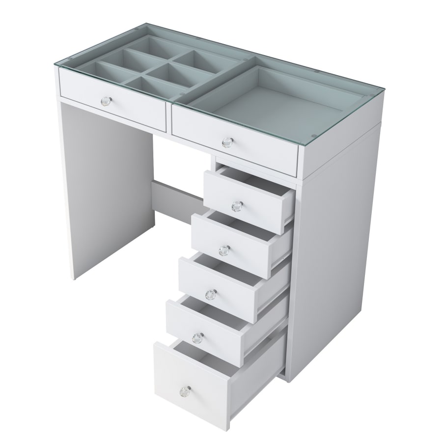 Coiffeuse 7 tiroirs blanc avec plateau en verre