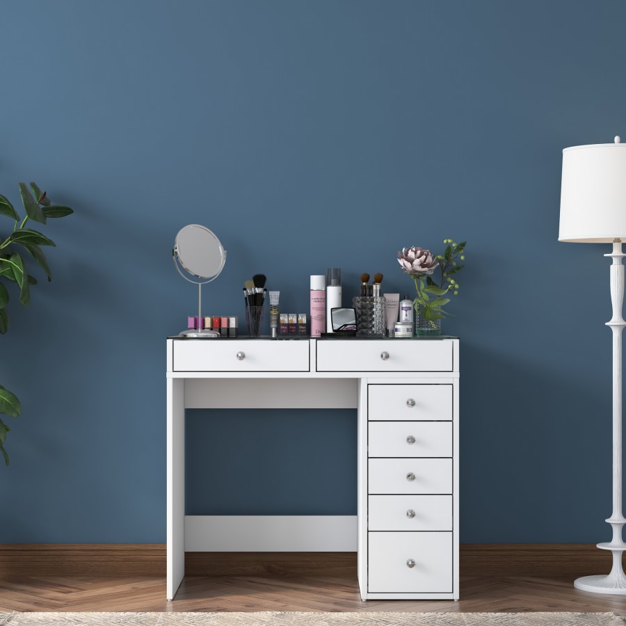 Coiffeuse 7 tiroirs blanc avec plateau en verre