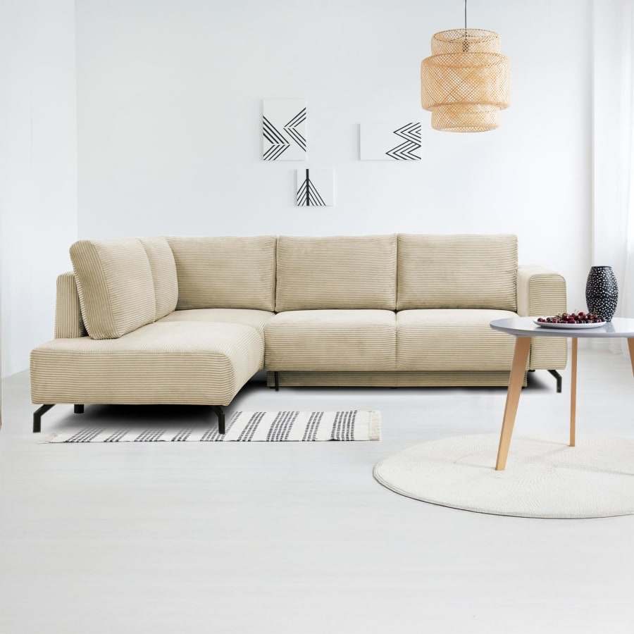 Canapé d'angle convertible avec coffre en velours côtelé beige - Angle gauche