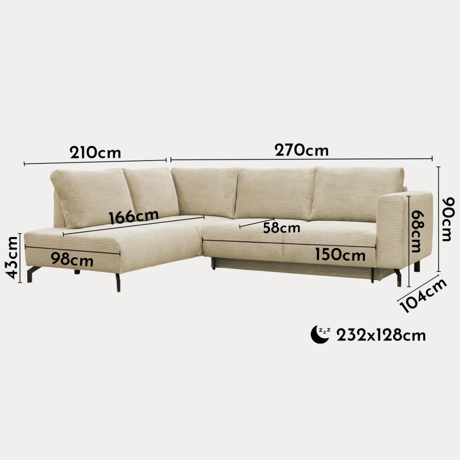 Canapé d'angle convertible avec coffre en velours côtelé beige - Angle gauche