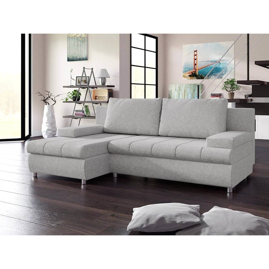 Canap&eacute; d'angle convertible gris avec coffre de rangement - Angle Gauche