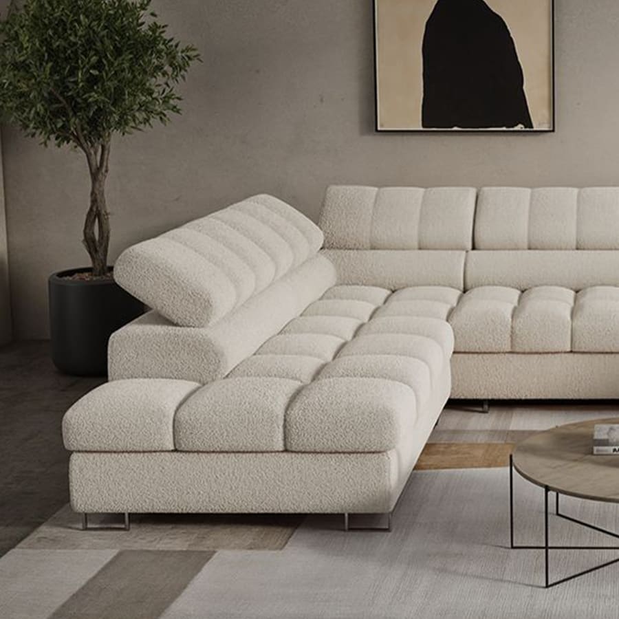 Canap&eacute; panoramique convertible avec 2 coffres et t&ecirc;ti&egrave;res relevables en tissu bouclette beige
