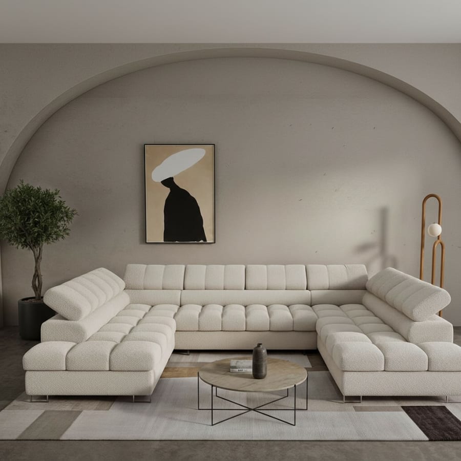 Canap&eacute; panoramique convertible avec 2 coffres et t&ecirc;ti&egrave;res relevables en tissu bouclette beige