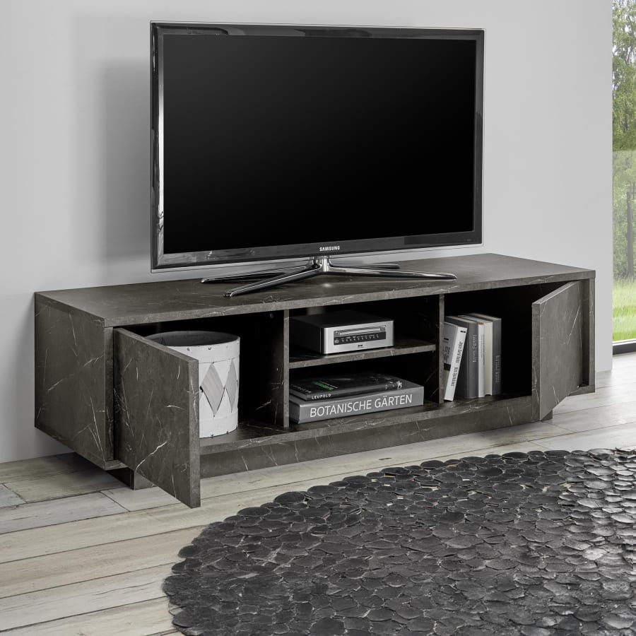 Meuble TV 2 portes 2 niches effet marbre noir