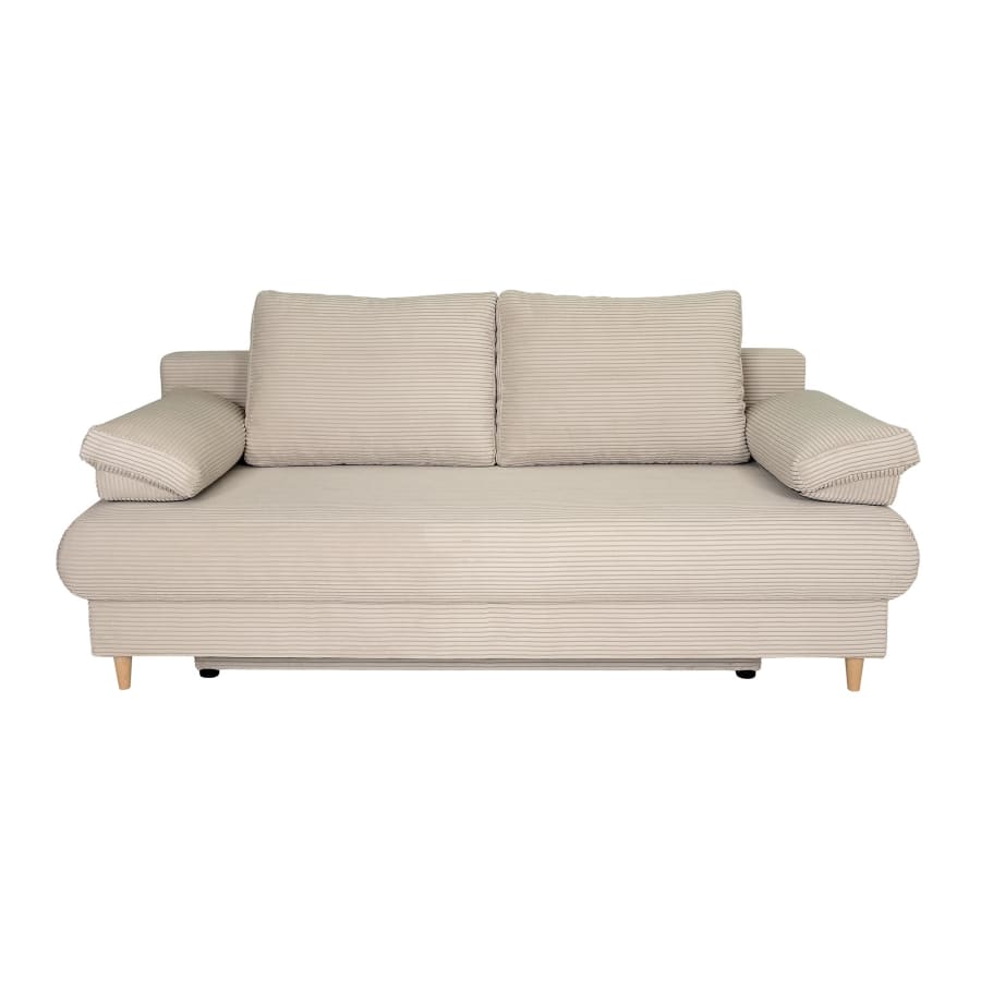 Canap&eacute; 3 places convertible en velours c&ocirc;tel&eacute; beige