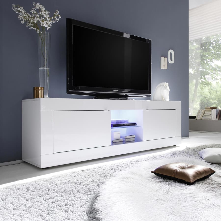 Meuble TV  2 portes et 2 niches blanc &agrave; LED