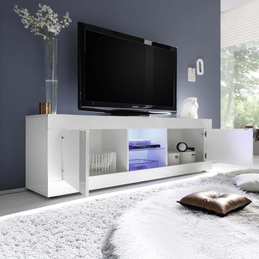 Meuble TV  2 portes et 2 niches blanc &agrave; LED