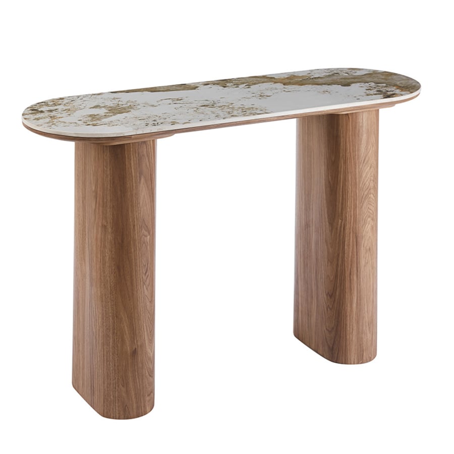 Console en pierre fritt&eacute;e blanc pieds couleur bois clair 120 cm