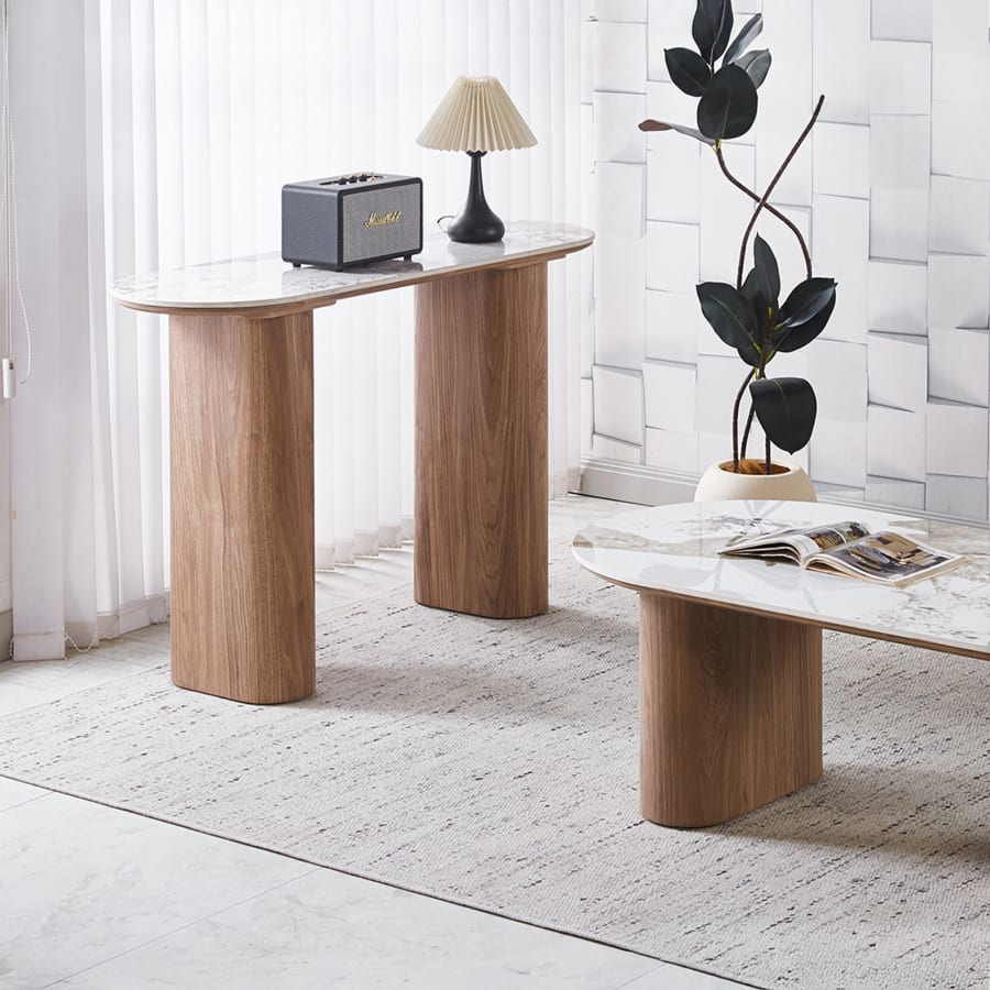 Console en pierre fritt&eacute;e blanc pieds couleur bois clair 120 cm