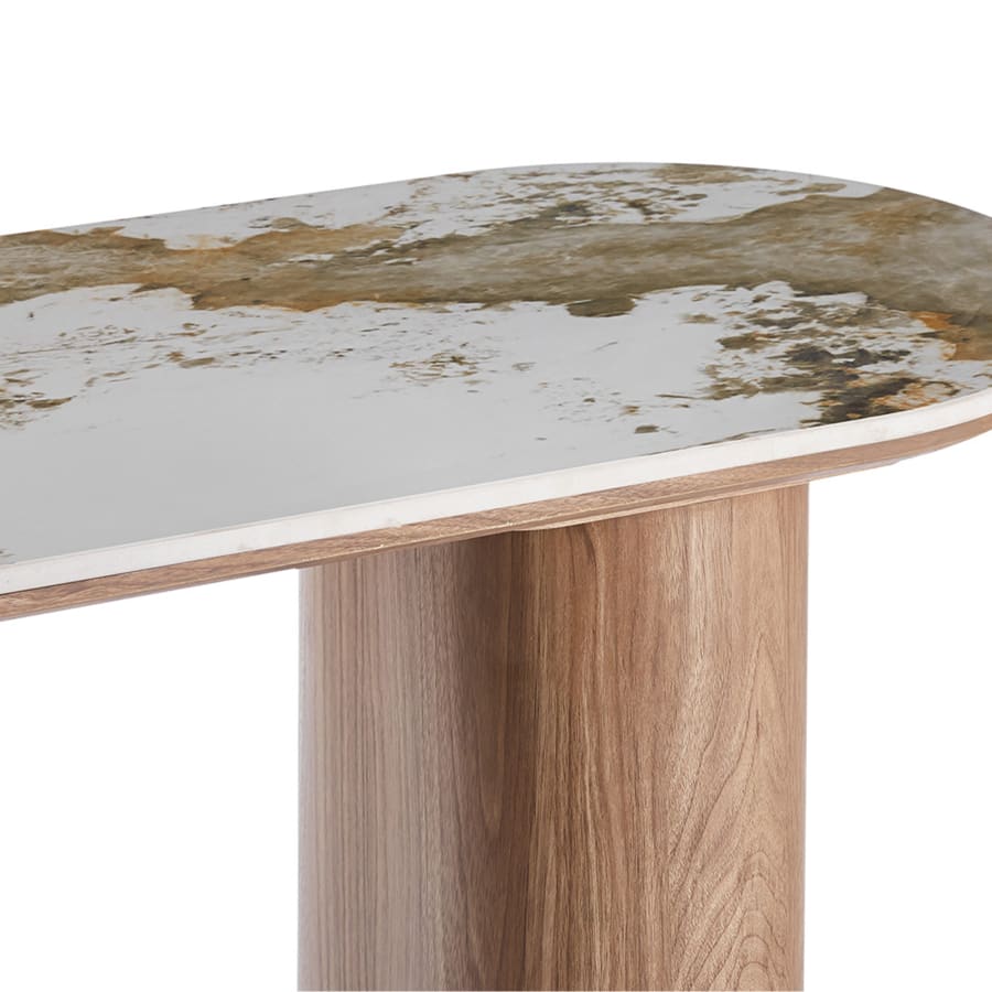 Console en pierre fritt&eacute;e blanc pieds couleur bois clair 120 cm