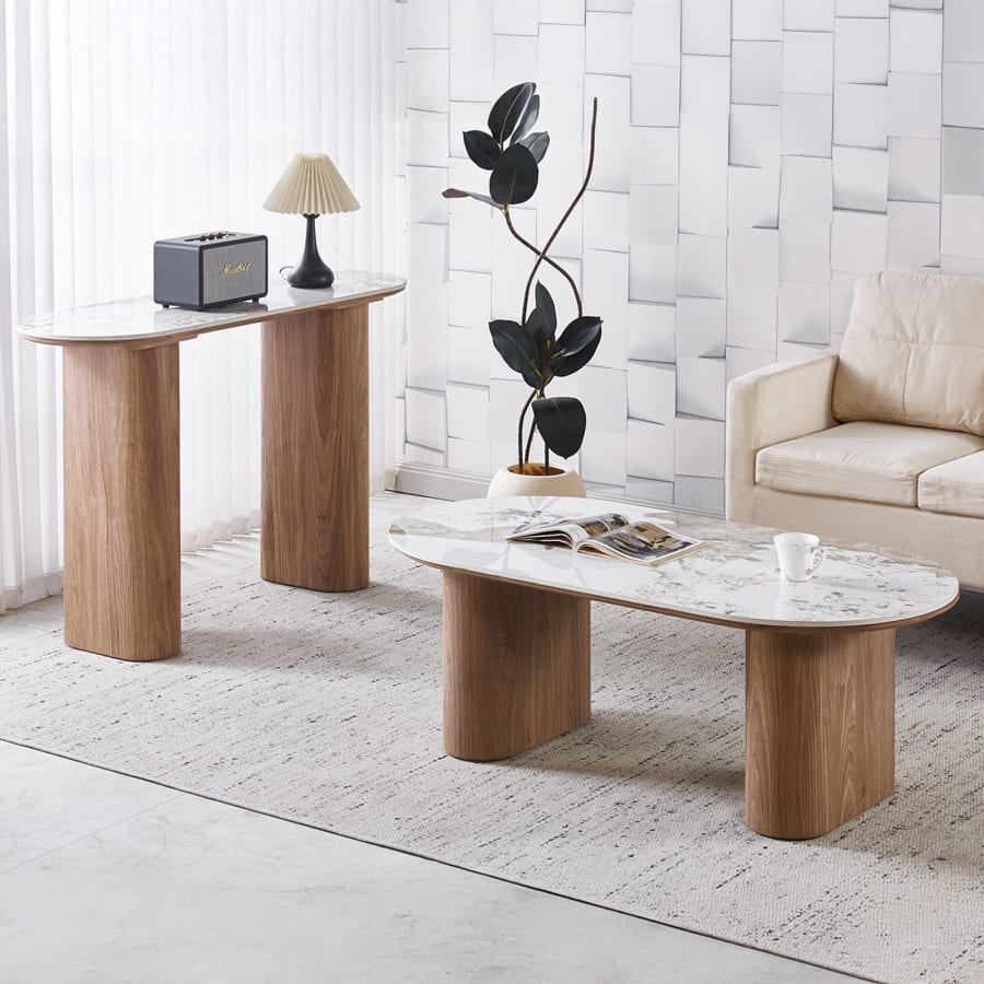 Console en pierre fritt&eacute;e blanc pieds couleur bois clair 120 cm