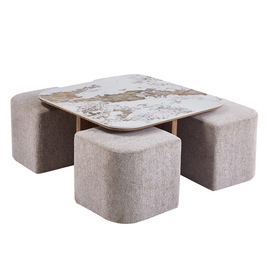 Table basse en pierre fritt&eacute;e blanc avec 4 poufs pieds couleur bois