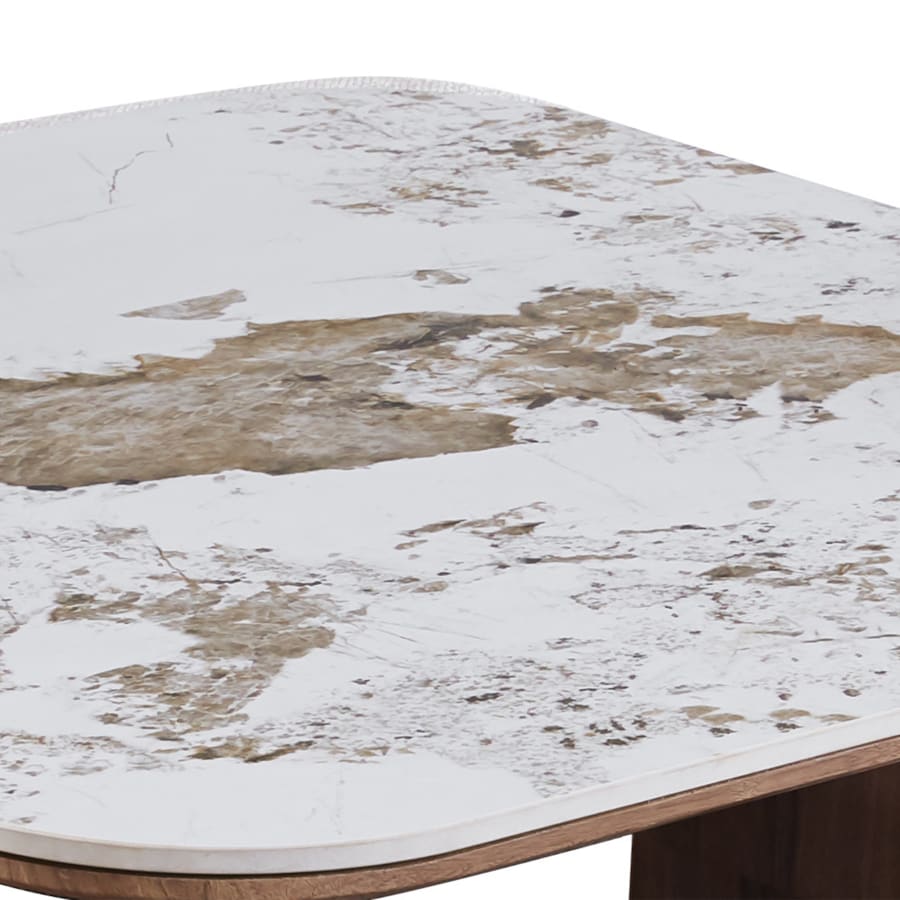 Table basse en pierre fritt&eacute;e blanc avec 4 poufs pieds couleur bois