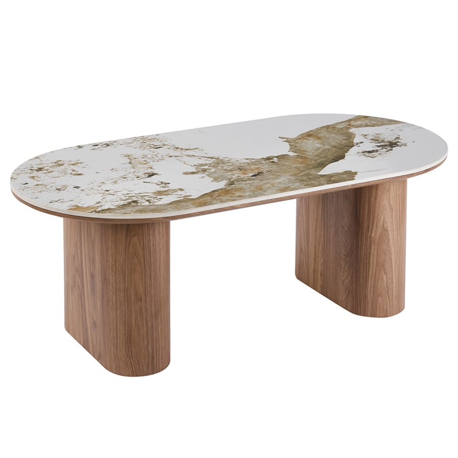 Table basse en pierre fritt&eacute;e blanc pieds couleur bois clair