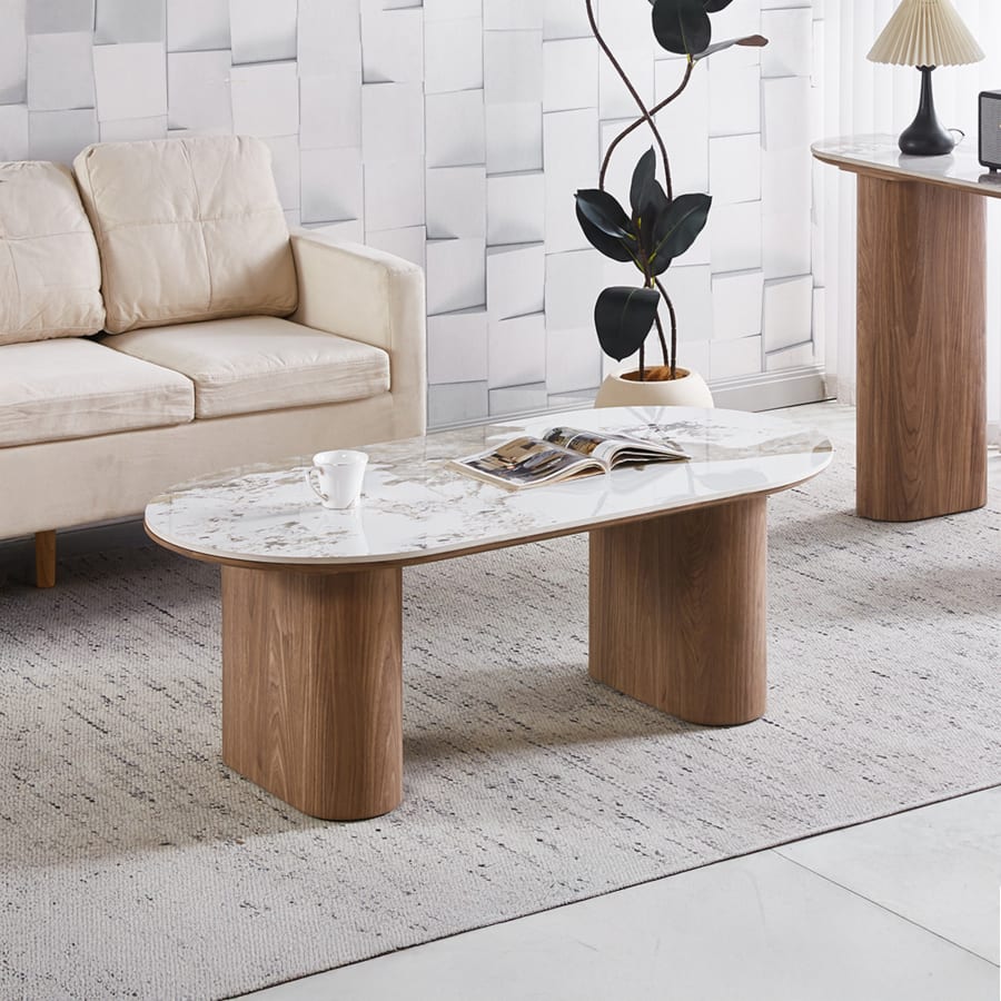 Table basse en pierre fritt&eacute;e blanc pieds couleur bois clair