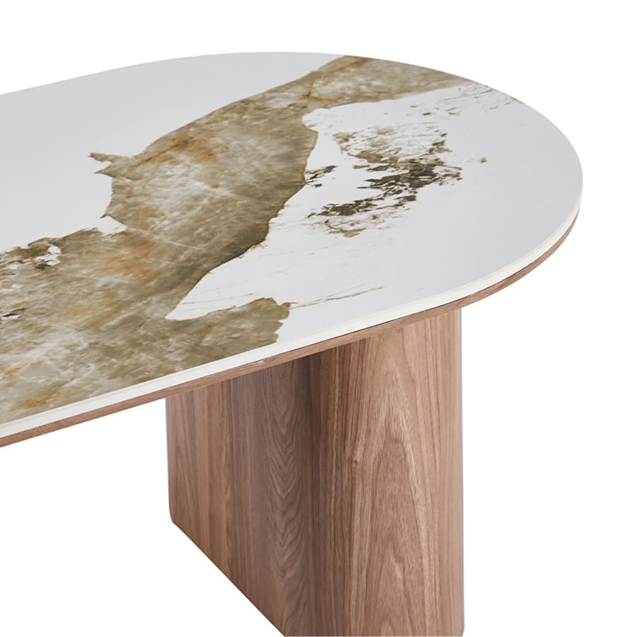 Table basse en pierre fritt&eacute;e blanc pieds couleur bois clair