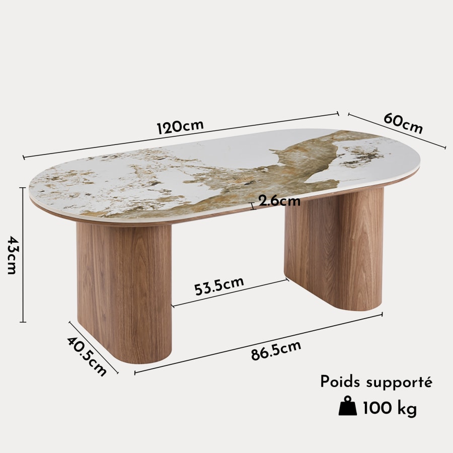 Table basse en pierre fritt&eacute;e blanc pieds couleur bois clair