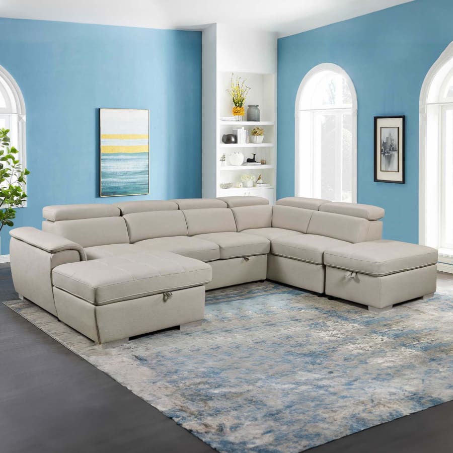 Canap&eacute; panoramique convertible coffre de rangement en tissu beige - Angle Gauche