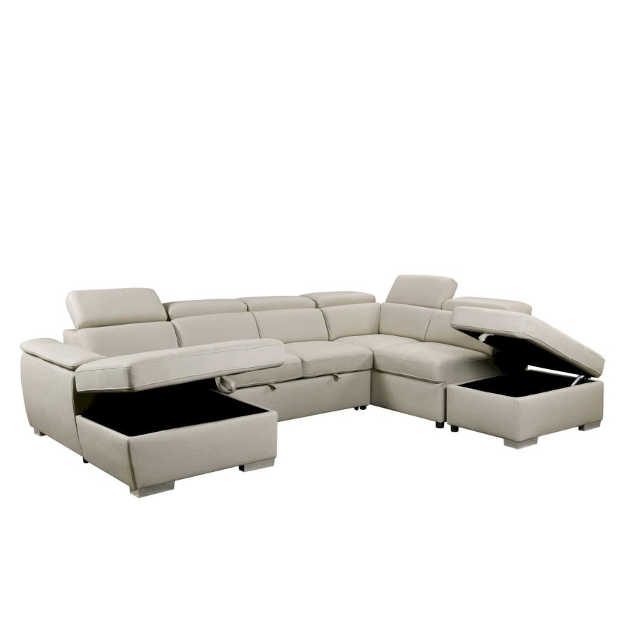 Canap&eacute; panoramique convertible coffre de rangement en tissu beige - Angle Gauche