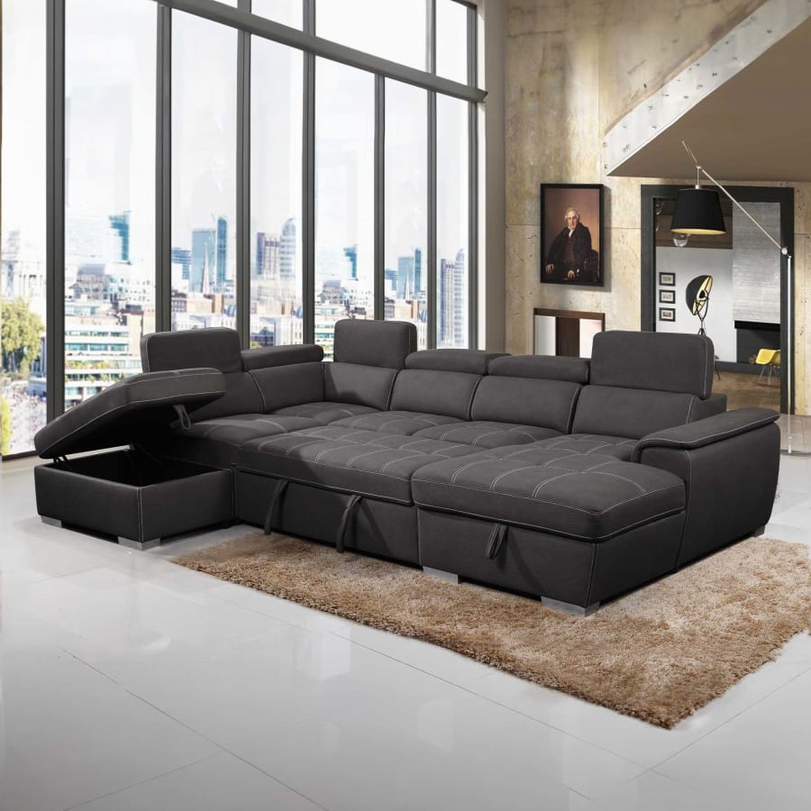 Canap&eacute; panoramique convertible coffre de rangement en tissu gris - Angle Droit