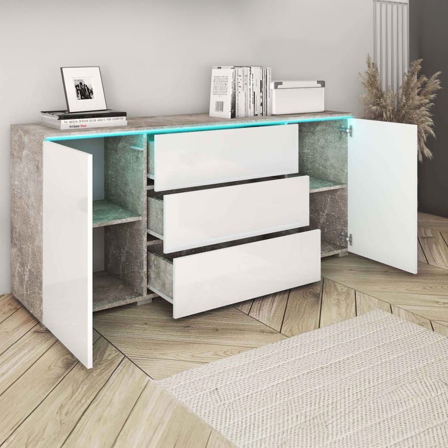 Buffet commode 3 tiroirs 2 portes blanc et béton avec LED