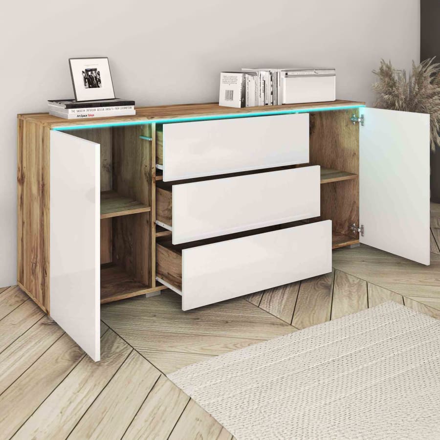 Buffet commode 3 tiroirs 2 portes chêne et blanc avec LED