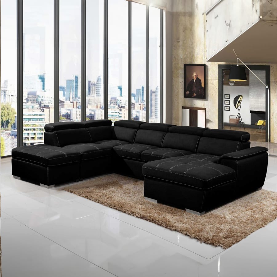 Canapé panoramique convertible avec coffre de rangement en tissu noir- Angle Droit