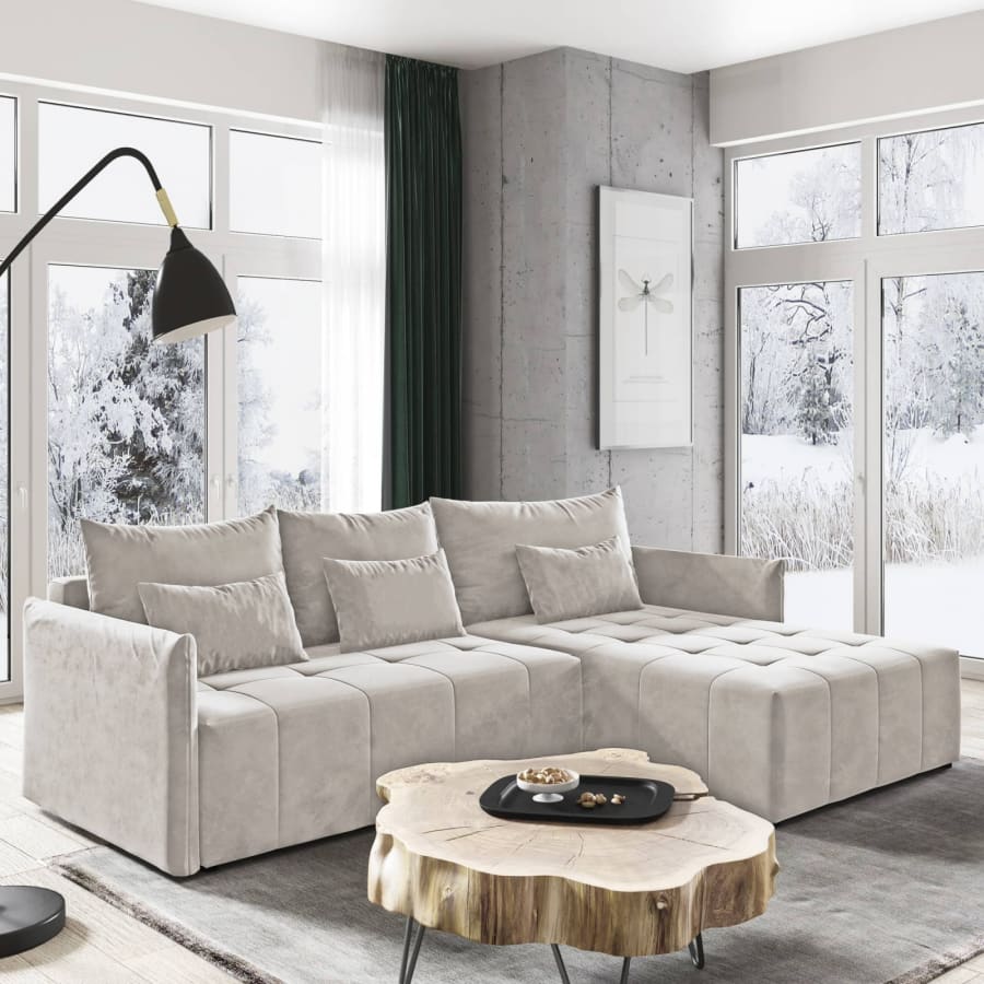 Canap&eacute; d'angle convertible et r&eacute;versible avec coffre en velours beige
