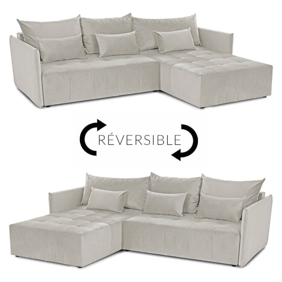 Canap&eacute; d'angle convertible et r&eacute;versible avec coffre en velours beige
