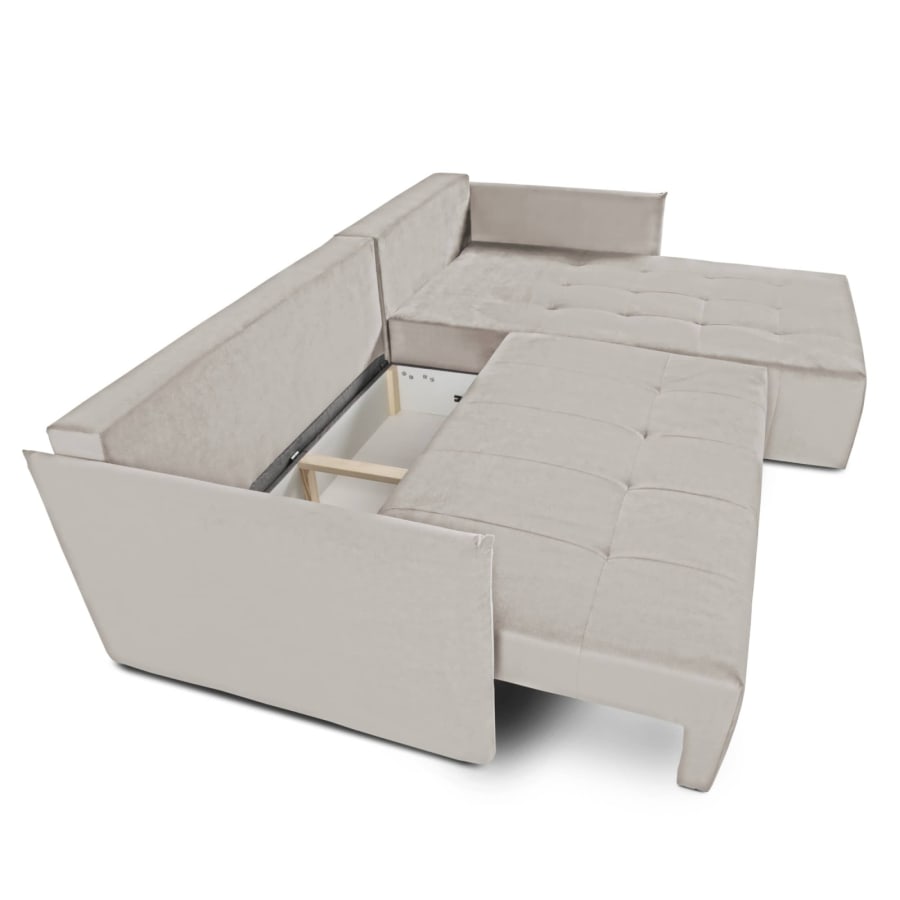 Canap&eacute; d'angle convertible et r&eacute;versible avec coffre en velours beige