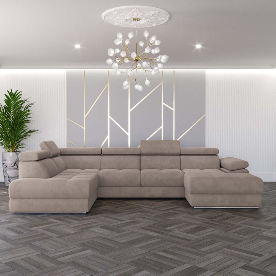 Canap&eacute; panoramique convertible coffre de rangement en velours taupe - Angle Droit