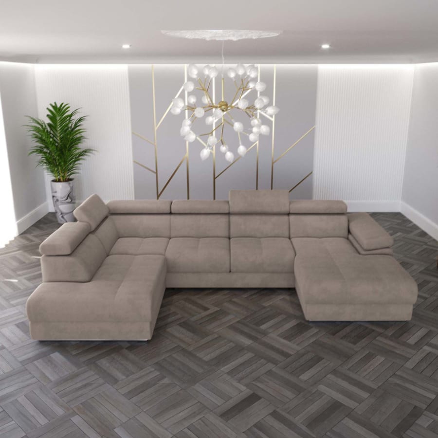 Canap&eacute; panoramique convertible coffre de rangement en velours taupe - Angle Droit