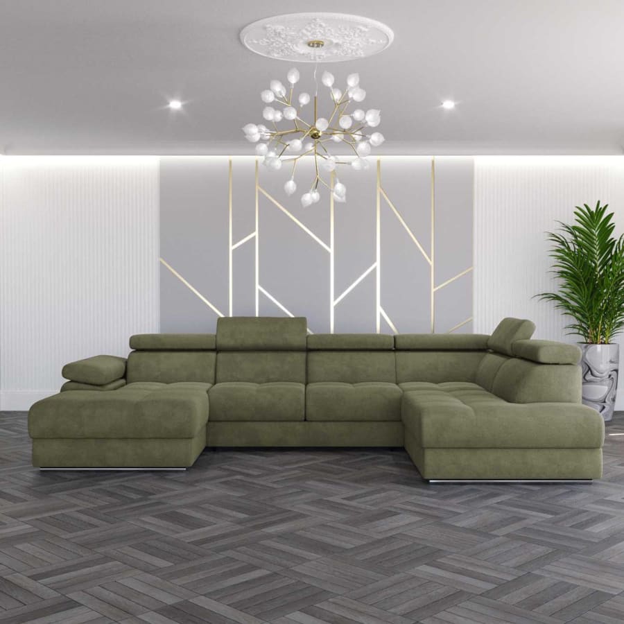 Canap&eacute; panoramique convertible coffre de rangement en velours vert olive - Angle Gauche