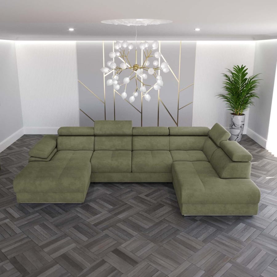 Canap&eacute; panoramique convertible coffre de rangement en velours vert olive - Angle Gauche