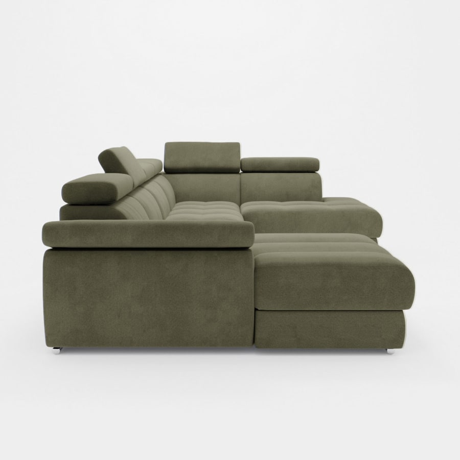 Canap&eacute; panoramique convertible coffre de rangement en velours vert olive - Angle Gauche