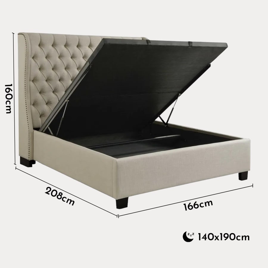 Lit capitonné avec coffre de rangement en tissu lin beige 140x190 cm