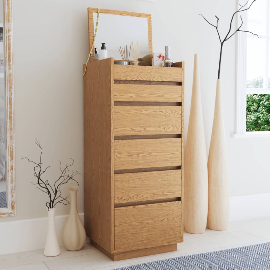 Commode 5 tiroirs avec coiffeuse en bois couleur ch&ecirc;ne