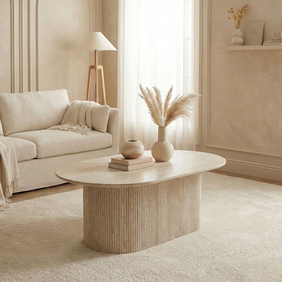 Table basse ovale en c&eacute;ramique beige 120 cm